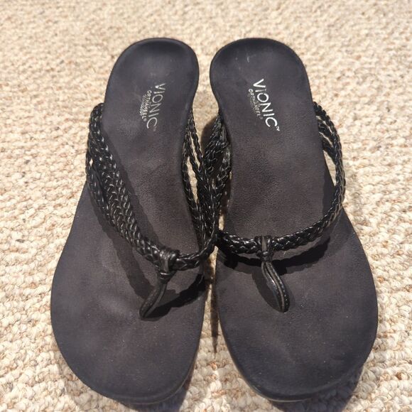 Vionic Ramba Wedge Thong Sandals Womens 9 Black Orthaheel Braided Strap - Picture 2 of 7
